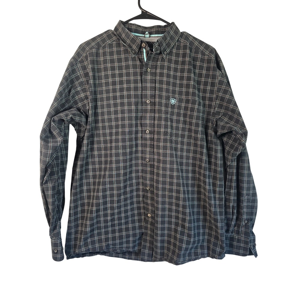 Ariat Pro Series Mens‎ Medium Black Teal Plaid Long Sleeve Western Button Shirt